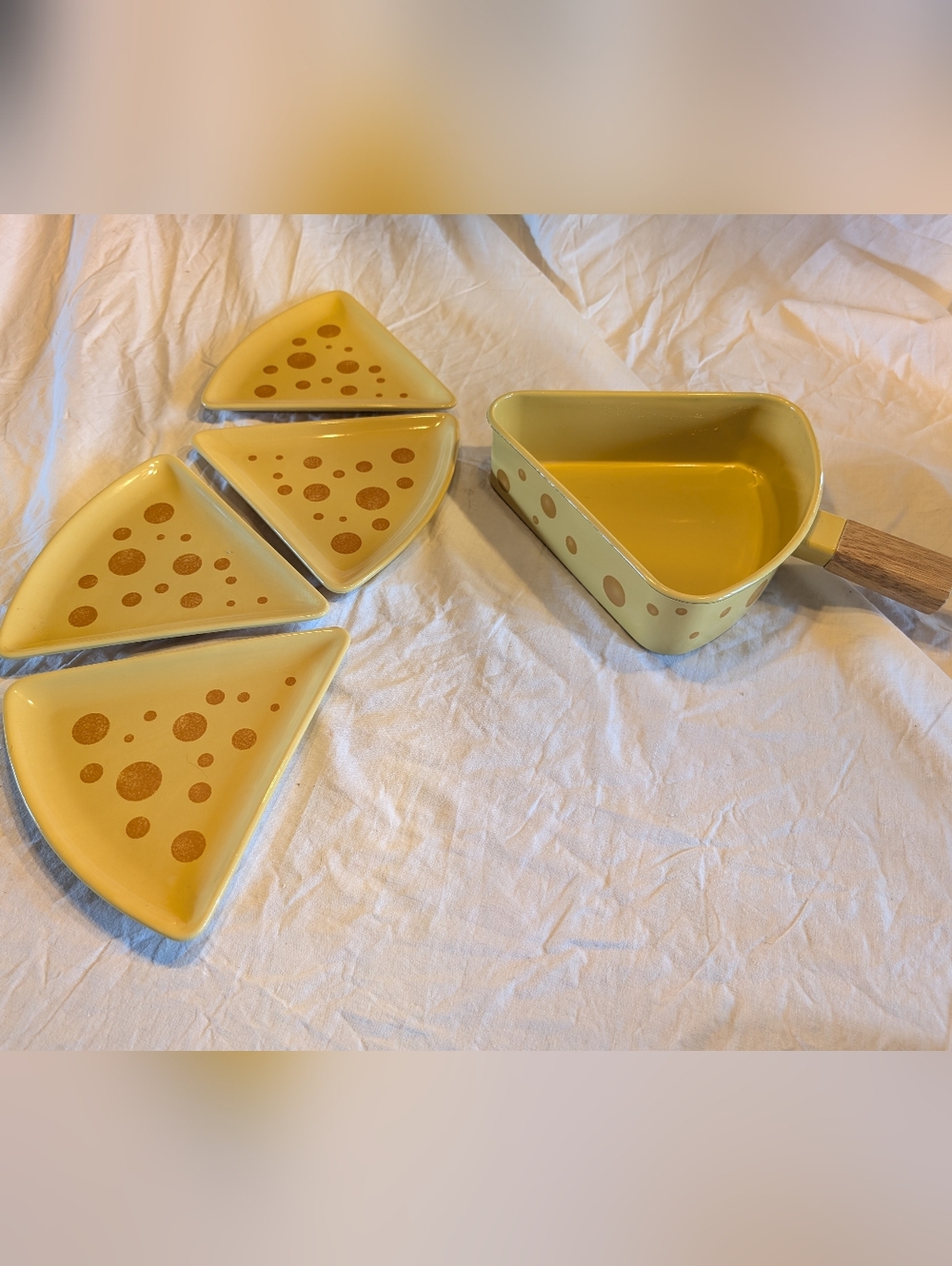 2/90$ Vintage Yellow Glazed Cheese Snack Plates with Enamel Serving Pan